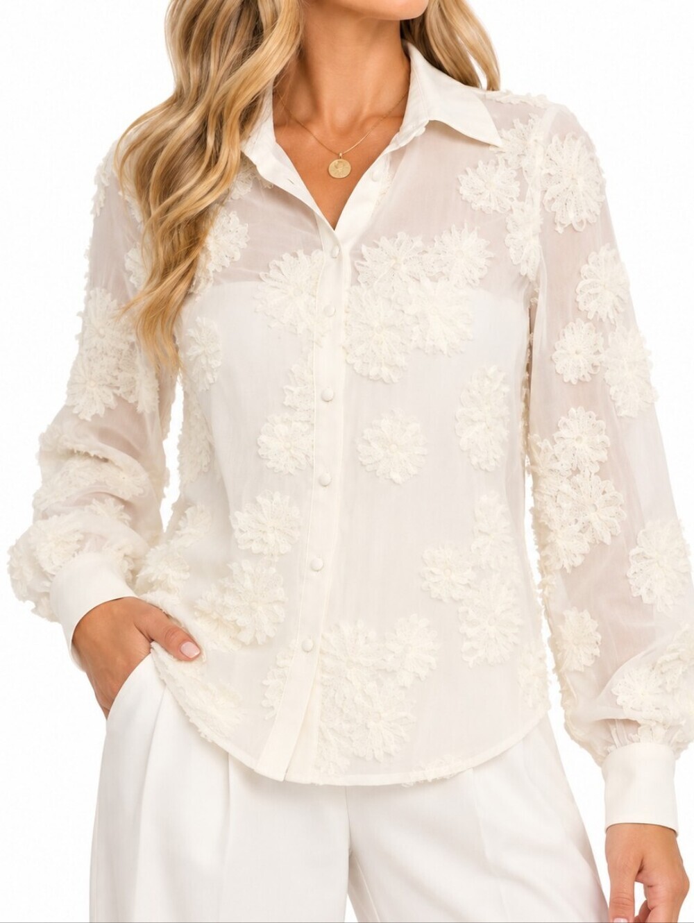 Petal & Pup Cliona Shirt Cream Floral Applique Sheer Long Sleeve Top Size S NWT